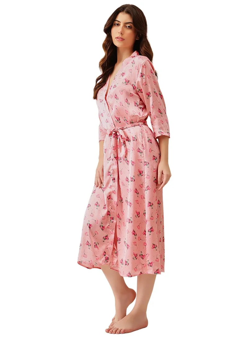Clovia Pink Floral Print Long Nighty & Robe Set in Light Pink - Satin for Women | Best Price UAE